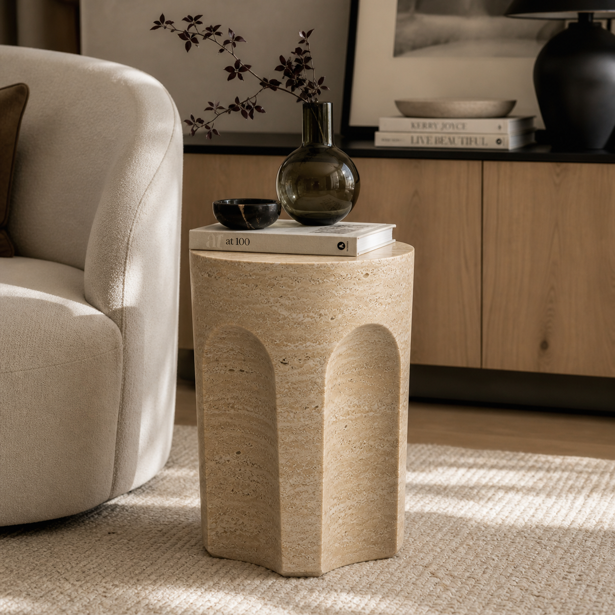 Layers – Beige Travertine Arched Round Side Table