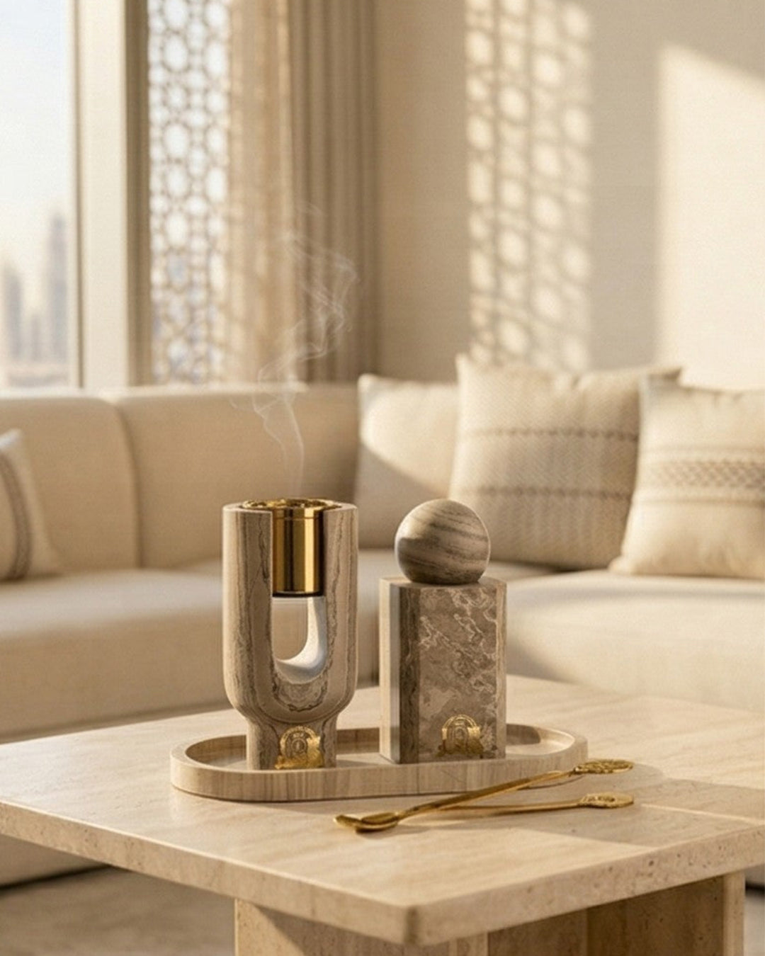 Decorative items on a coffee table in a modern living room